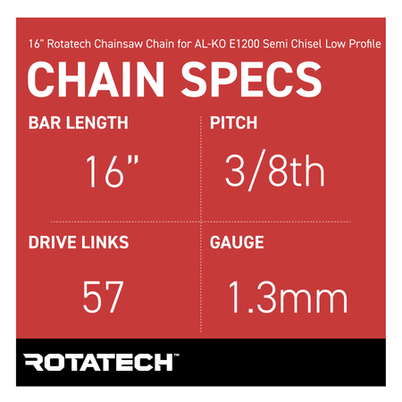 16" Rotatech Chainsaw Chain for AL-KO E1200 Semi Chisel - Chain Specs