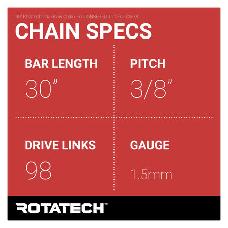 30" Rotatech Chainsaw Chain For JONSERED 111 Full-Chisel Chain Specs