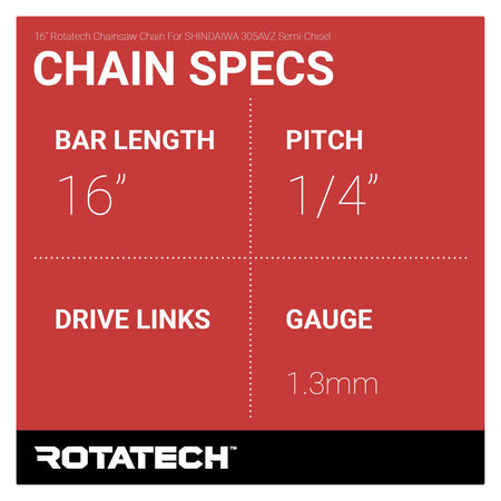 16" Rotatech Chainsaw Chain For SHINDAIWA 305AVZ Semi-Chisel Chain Specs